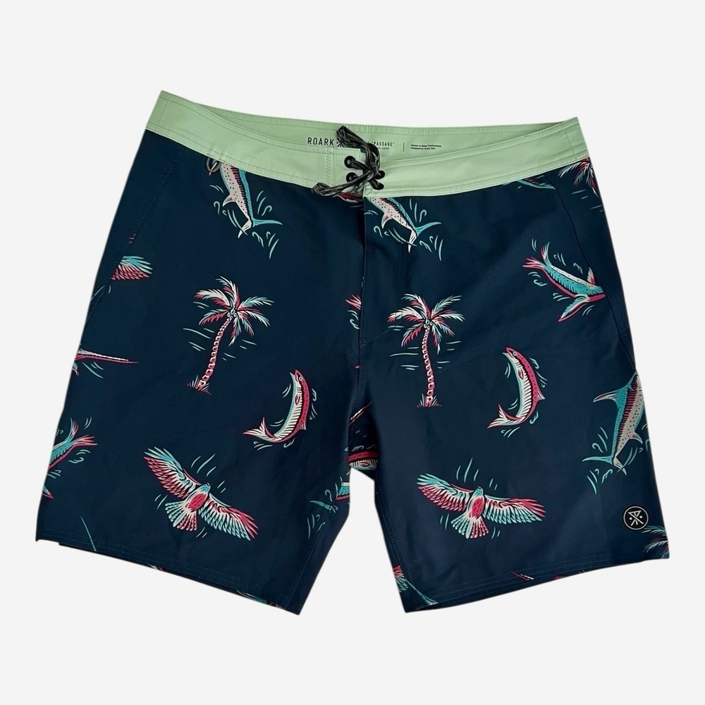 Roark Revival Swim Trunks Men's Medium Navy Tropical Fish Palm Tree Board Shorts